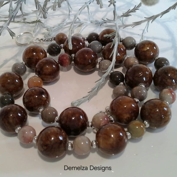 Statement Bronzite & Agate Silver Plate Necklace