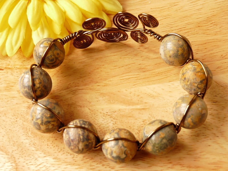 Leopard Jasper Antique Bronze Wire Wrapped Bracelet 