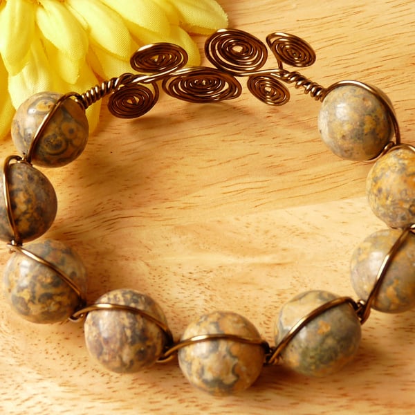 Leopard Jasper Antique Bronze Wire Wrapped Bracelet 