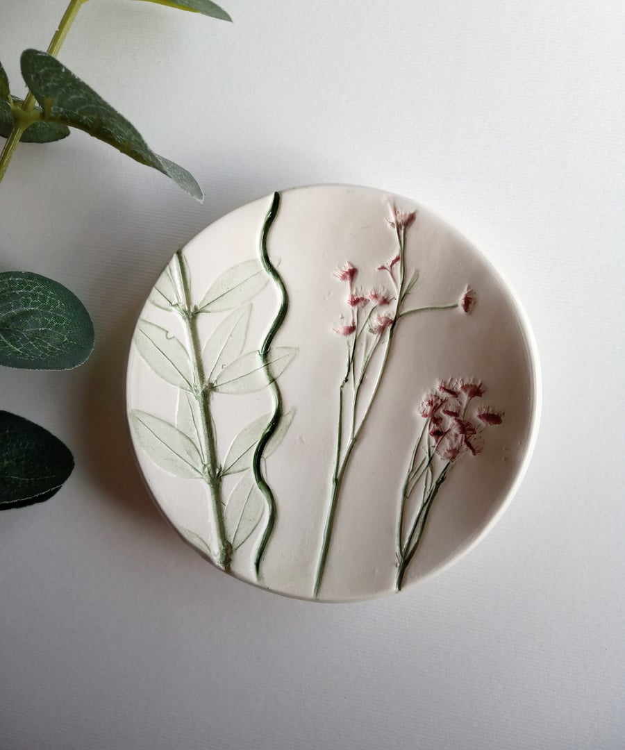 Botanical print ceramic trinket dish