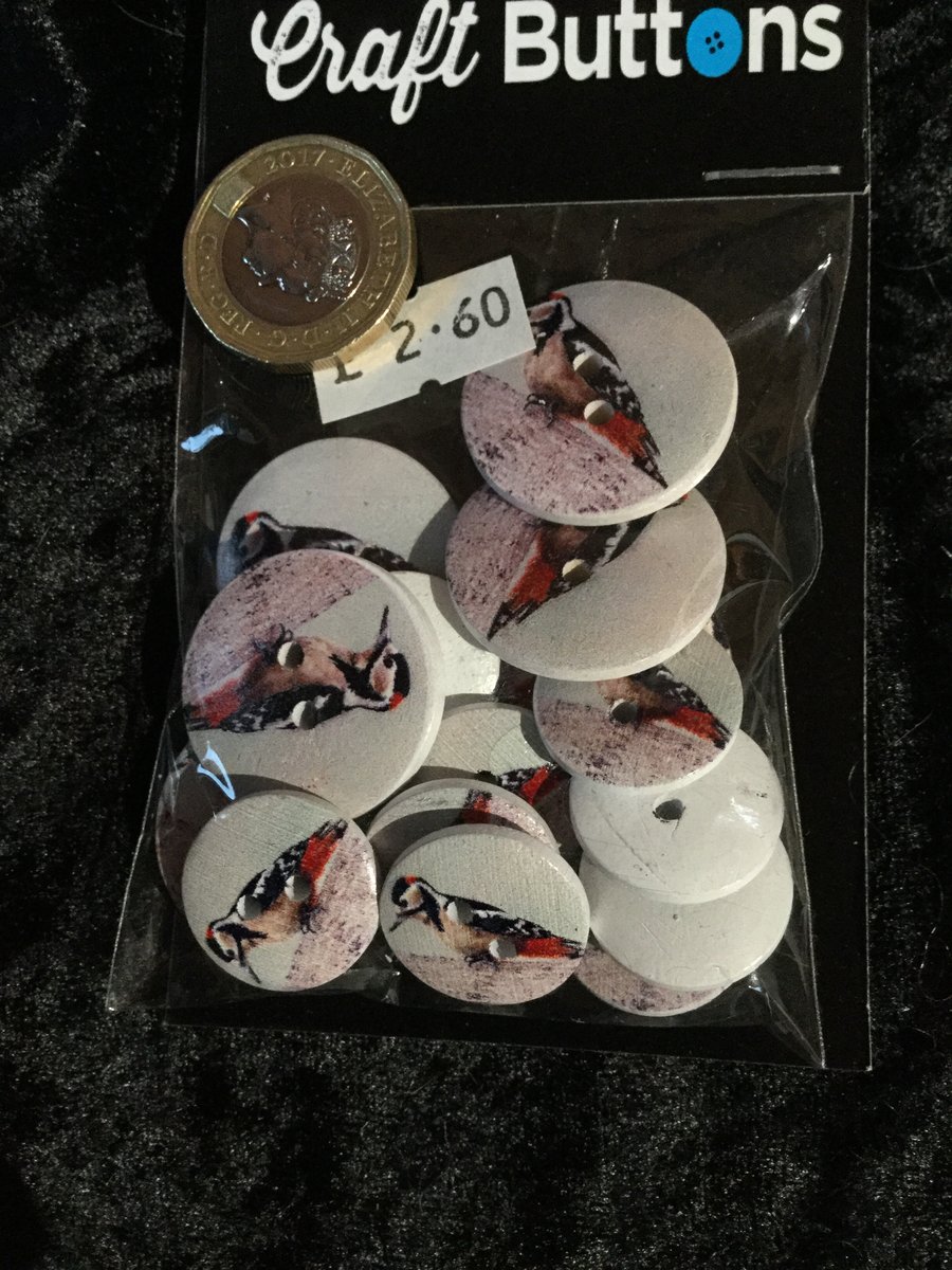 Craft Buttons Grey with a Great Spotted Woodpecker (N.57)