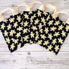 Gingerbread Men Christmas Party Bags: Navy Cotton Fabric Reusable Small Tote.