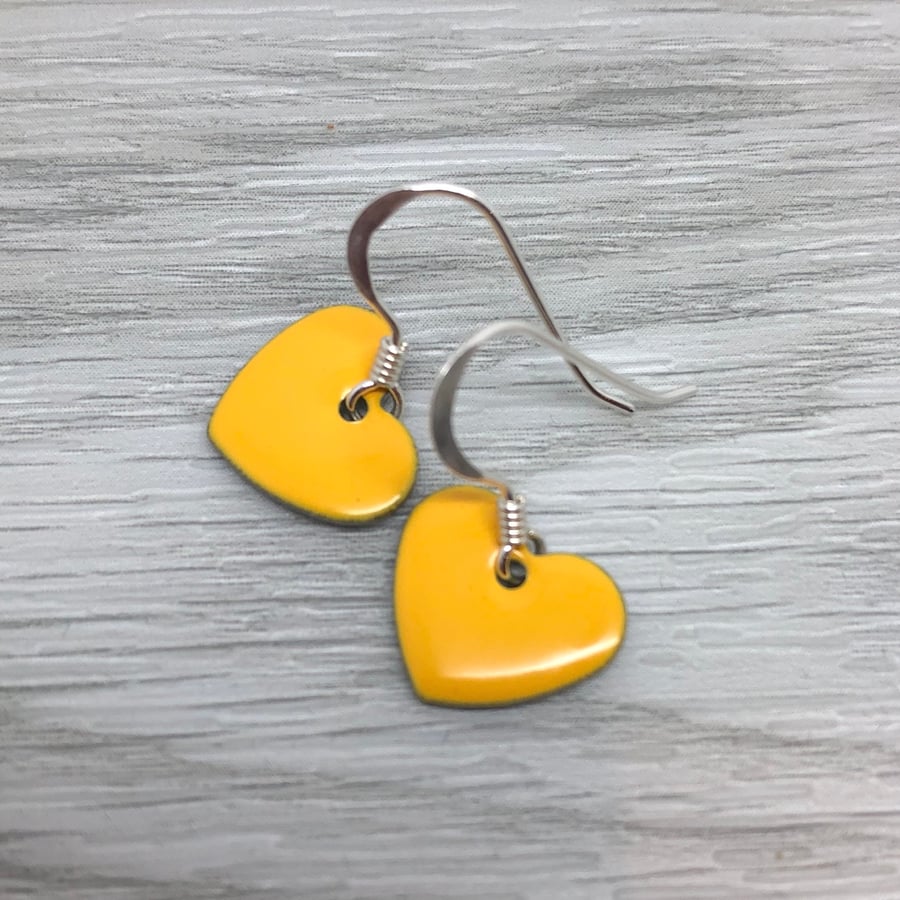 Mustard yellow enamel heart charm, sterling silver earrings 