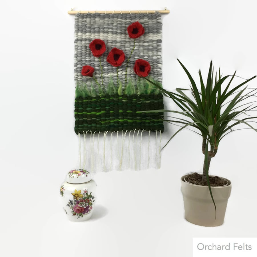 Wall hanging, hand woven with felted poppies in 3D - SALE ITEM