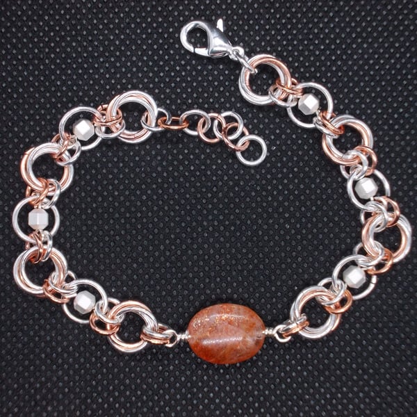 Sunstone and haematite chainmaille bracelet