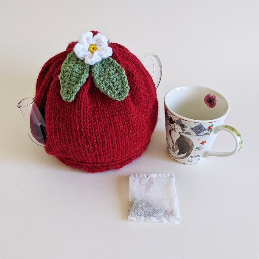 Teapot Tea Cosy - Red with strawberry leaves and flower
