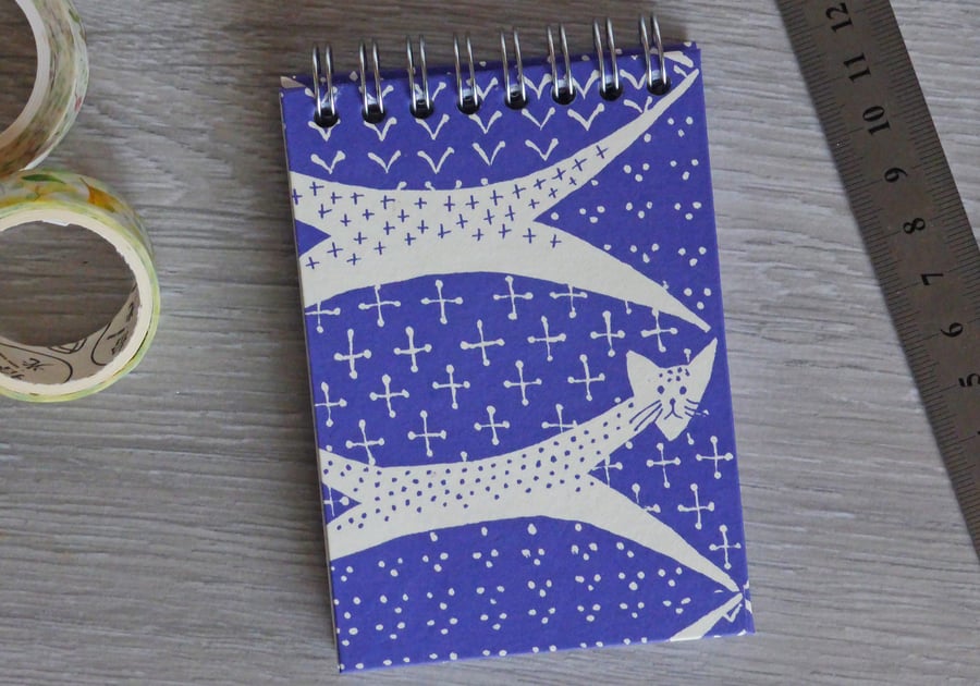 A7 Handmade Notebook with Spiral Bind on the Top in a Blue and Cream Cat design