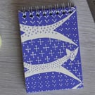 A7 Handmade Notebook with Sprial Bind on the Top in a Blue and Cream Cat design