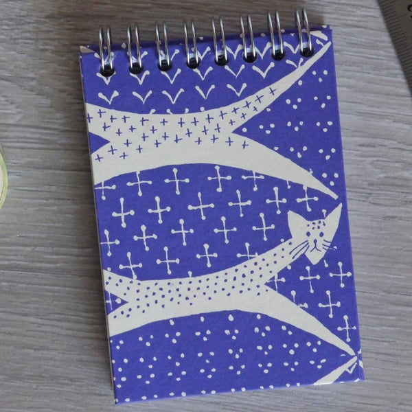 A7 Handmade Notebook with Spiral Bind on the Top in a Blue and Cream Cat design