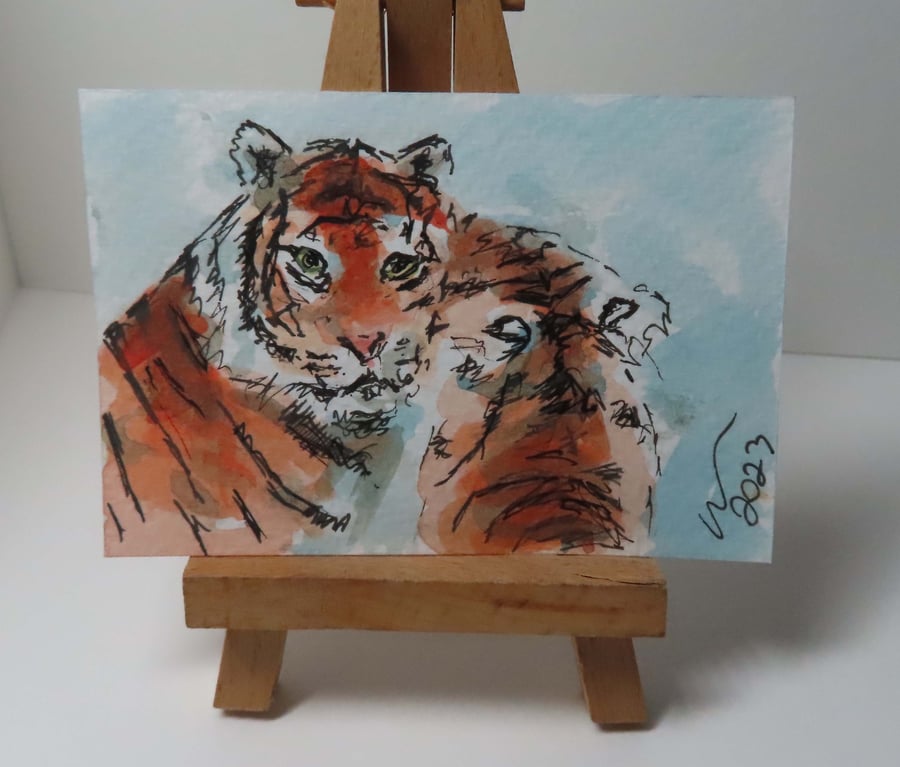 ACEO Animal Art Tiger Hug Original Watercolour Ink Painting OOAK 