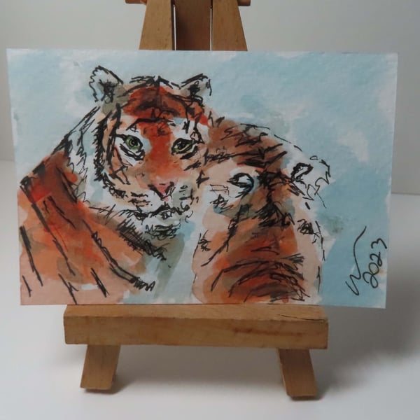 ACEO Animal Art Tiger Hug Original Watercolour Ink Painting OOAK 