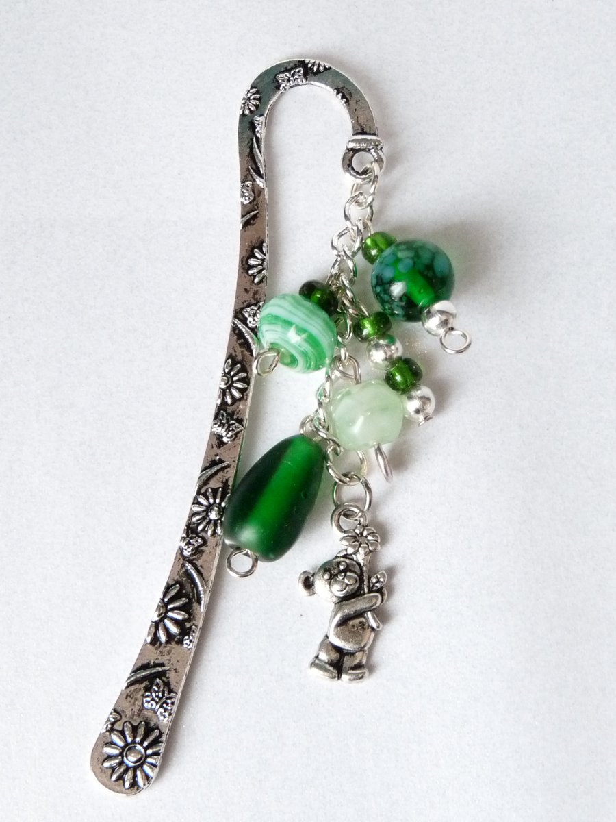 Green Indian Glass Bead Teddy Bear Charm Bookmark 