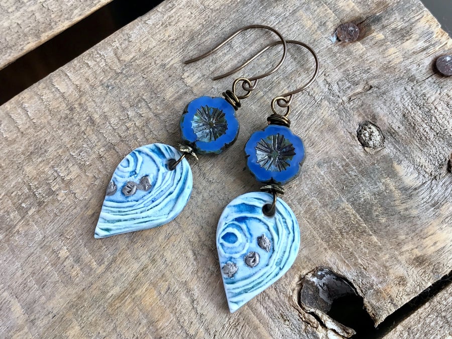 Watercolour Artisan Ceramic Earrings. Porcelain Earrings. Blue Flower Earrings