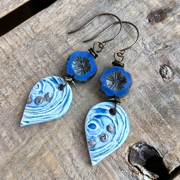 Watercolour Artisan Ceramic Earrings. Porcelain Earrings. Blue Flower Earrings