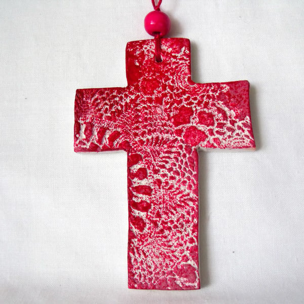 ceramic lace hanging cross decoration in red
