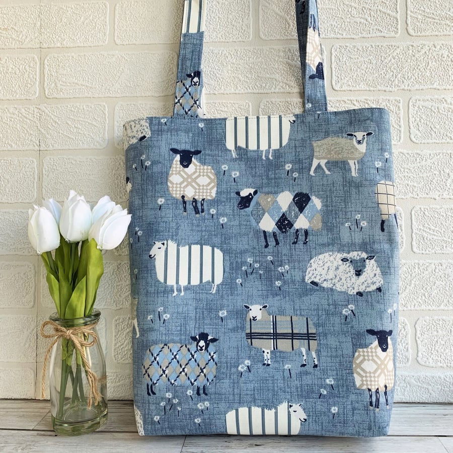 Sheep tote bag in blue, white and grey