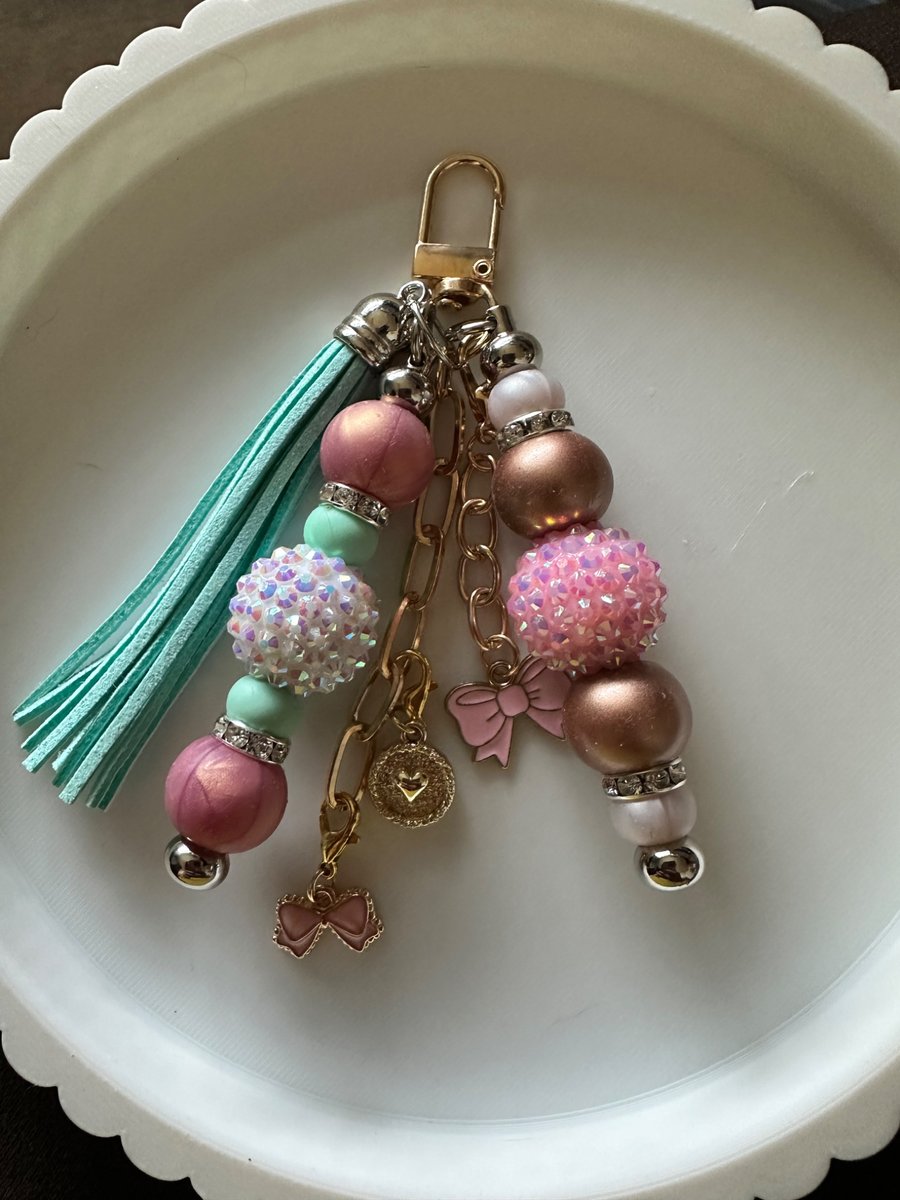Pastel Pink & Mint Beaded Bag Charm, Luxury Tassel Keyring, Bag Accessory