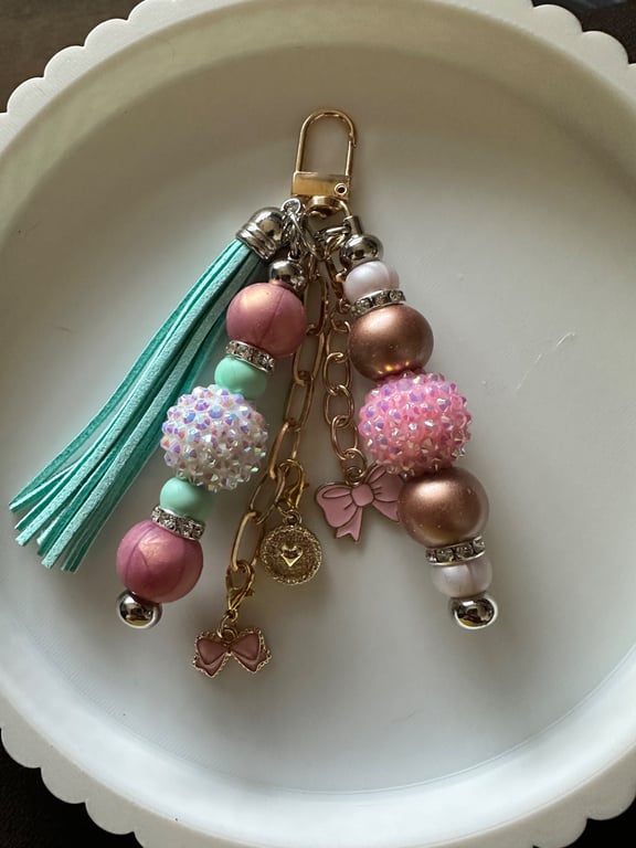 Pastel Pink & Mint Beaded Bag Charm, Luxury Tassel Keyring, Bag Accessory