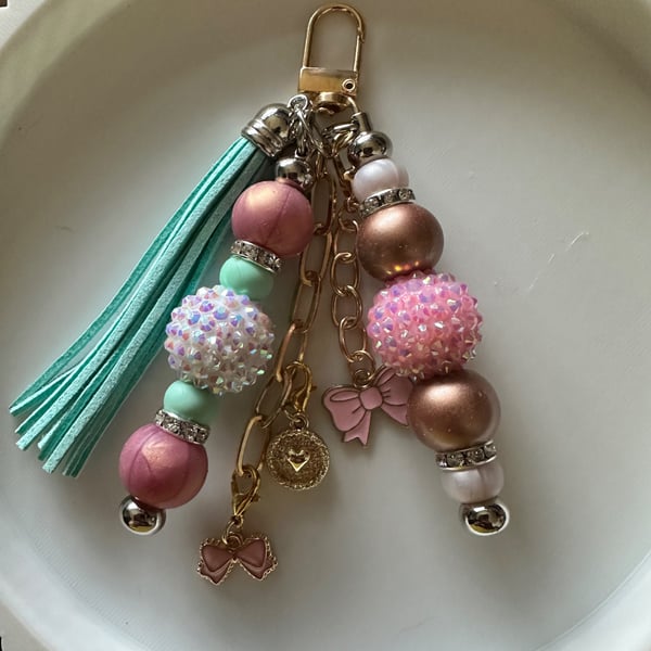 Pastel Pink & Mint Beaded Bag Charm, Luxury Tassel Keyring, Bag Accessory