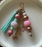 Pastel Pink & Mint Beaded Bag Charm, Luxury Tassel Keyring, Bag Accessory