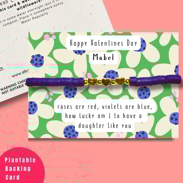 Personalised Valentines Bracelet, Plantable Card, Daughter Gift
