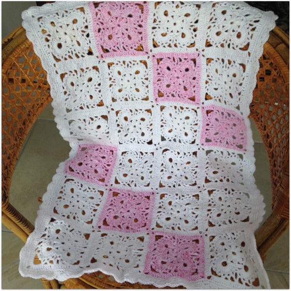 Crocheted White and Pink Baby Blanket