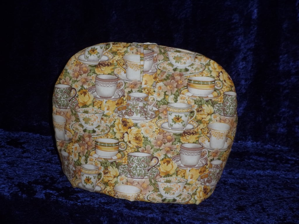 Tea Cosy for 6 Cup tea pot with Yellow and Cream Cups and Saucers