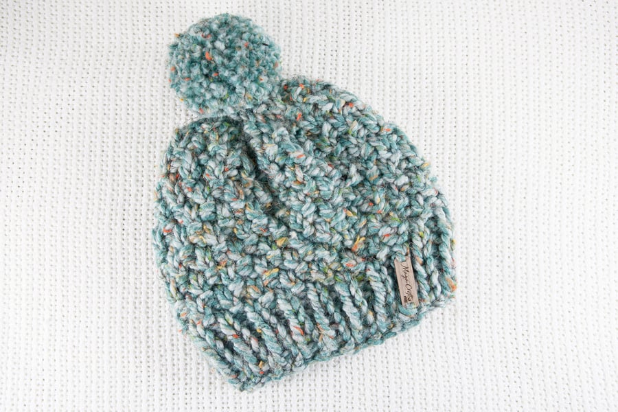 Thick Chunky Green Bobble Hat. Pom Pom Hat. Hand Knitted Wool Blend Beanie.