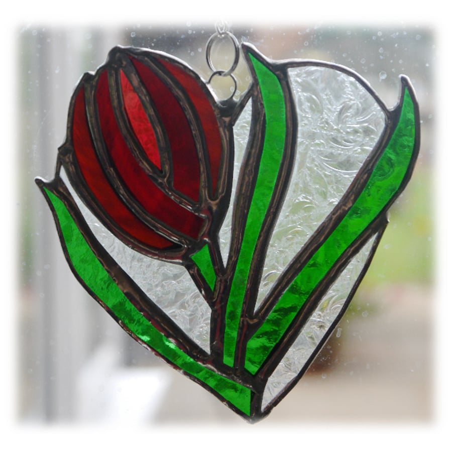 Tulip Heart Suncatcher Stained Glass Red