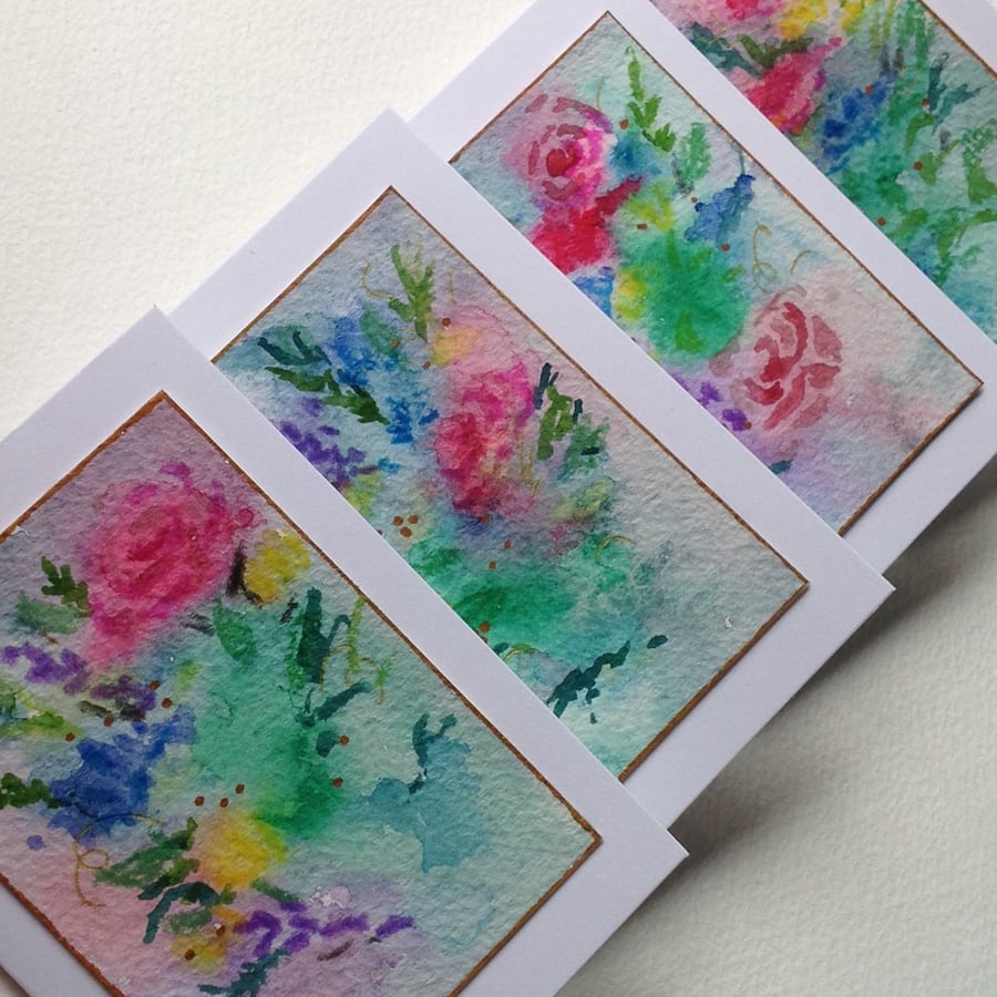 Set of Four Original Art Cards Abstract Florals FREE POSTAGE