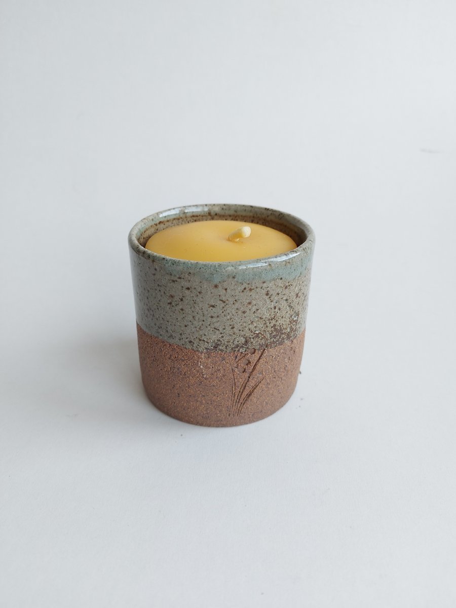 Handmade stoneware tumbler and Beeswax candle Celadon Glaze