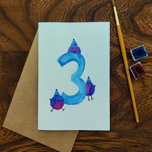 Personalised 3rd Birthday Card, Age 3 Handmade Kids Cute Birthday Card,