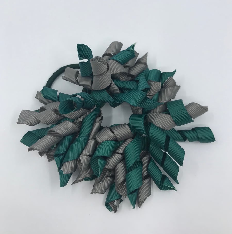 School 3 inch Hunter Green and Grey Curly Corkers on Elastics (pair)