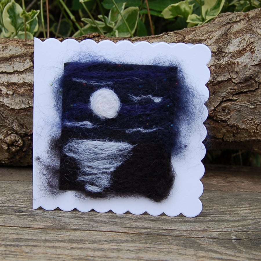 Wool Blank Greeting card, Moon over the Sea,  Needlefelt wool card