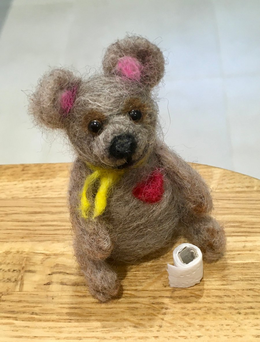 Teddy with toilet roll needlefelt sculpture 