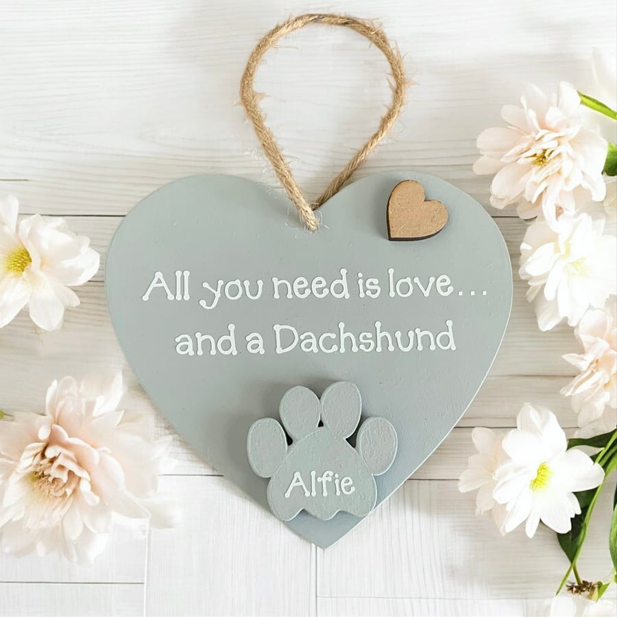 Dachshund Gift With Personalised Paw Grey Wooden Hanging Heart Sign