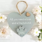 Dachshund Gift With Personalised Paw Grey Wooden Hanging Heart Sign