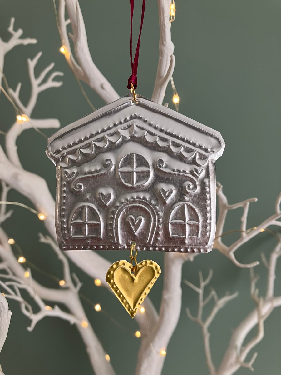Hand Drawn Silver Tin Gingerbread House with Heart Hanging Decoration 