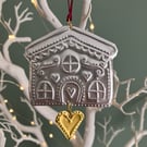 Hand Drawn Silver Tin Gingerbread House with Heart Hanging Decoration 