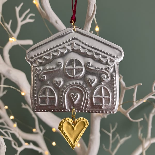 Hand Drawn Silver Tin Gingerbread House with Heart Hanging Decoration 