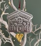 Hand Drawn Silver Tin Gingerbread House with Heart Hanging Decoration 