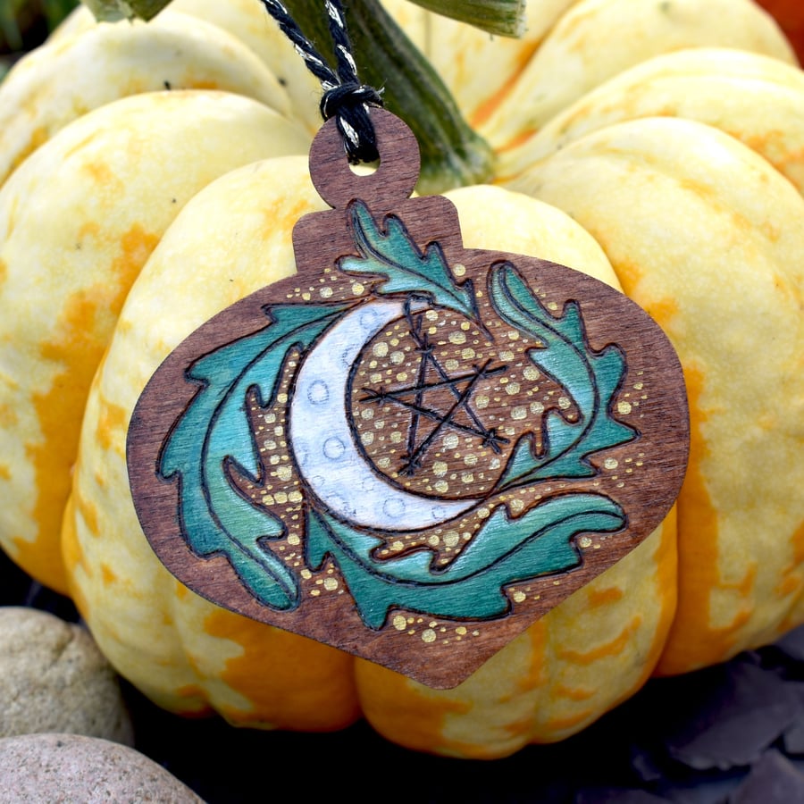 Oak Leaf Moon Pyrography Hanging Decoration