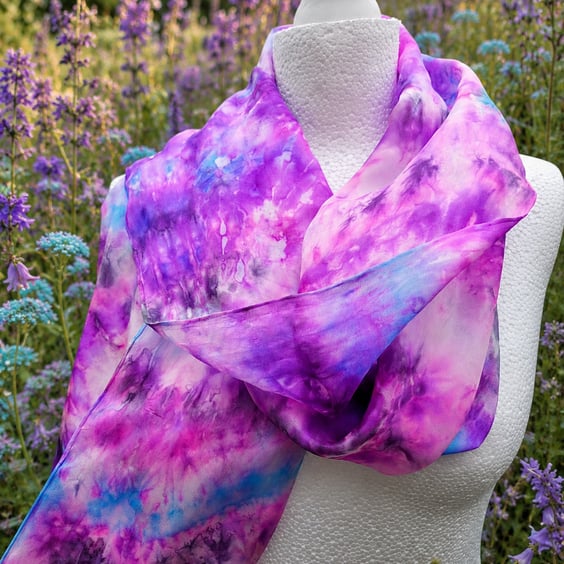  Hand Dyed Purple and Black Pure Silk Scarf. 'Purple Haze' Dramatic and Elegant.
