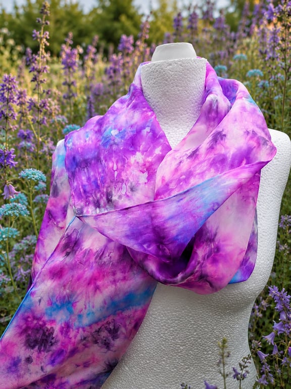  Hand Dyed Purple and Black Pure Silk Scarf. 'Purple Haze' Dramatic and Elegant.