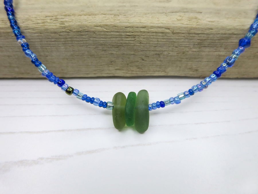 Cornish Sea Glass Necklace with Blue Seed Beads - Green Shades