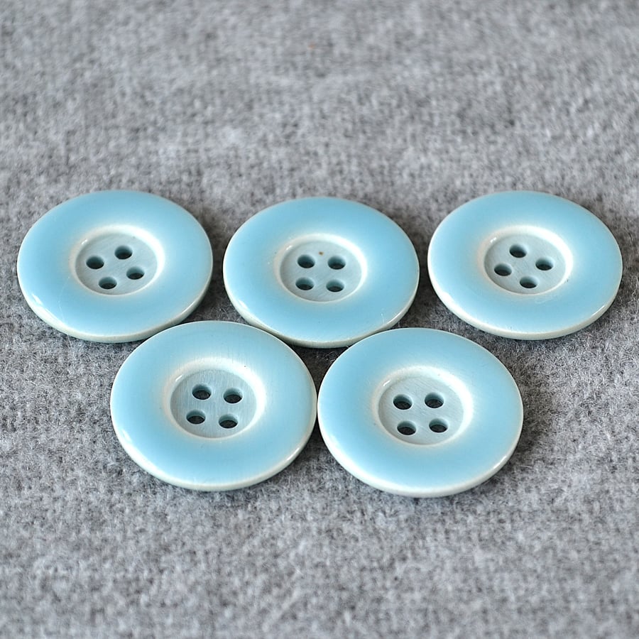 DESTASH: 5 Vintage 25mm Pale Blue and White Plastic 4-Hole Buttons