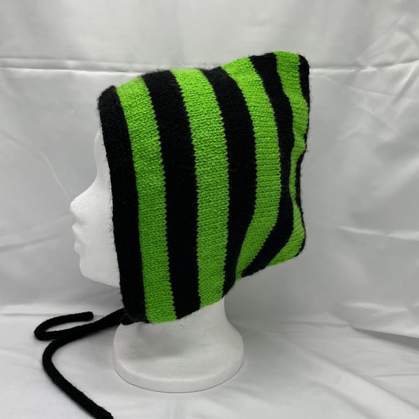 Green striped pixie bonnet hat, adult, hand knitted