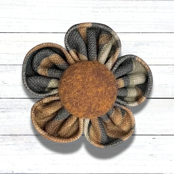 Fabric Flower Brooch, Kanzashi-inspired, Upcycled Fabric