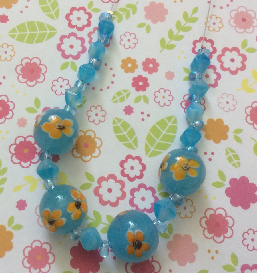 Pretty Turquoise Colour flower Bead Necklace
