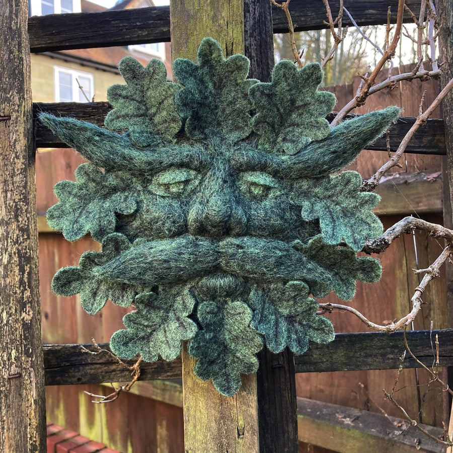 Green man wall plaque, needle felted